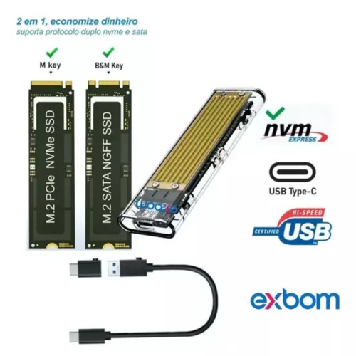 Case Transparente para SSD SATA M.2 NGFF e PCIe NVMe USB 3.1/3.0 10Gbps Exbom - CGHD-M2NX920