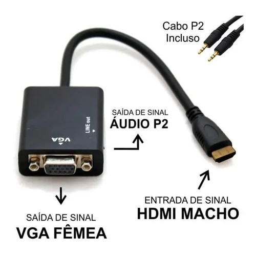 Cabo Conversor Adaptador HDMI Macho para VGA Fêmea com Áudio