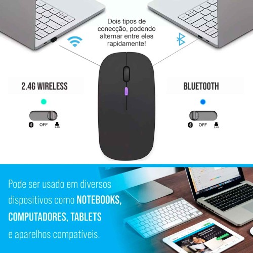 Mouse Sem Fio Recarregável Bluetooth 2.4g 1600 Dpi Rgb