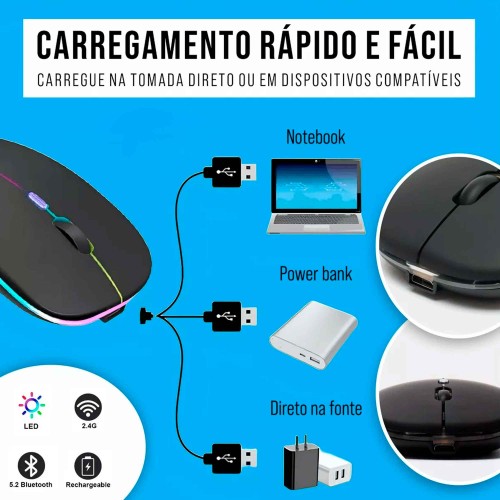 Mouse Sem Fio Recarregável Bluetooth 2.4g 1600 Dpi Rgb