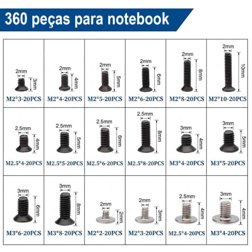 Kit De Parafusos Para Notebooks - 360 pecas - 18 modelos